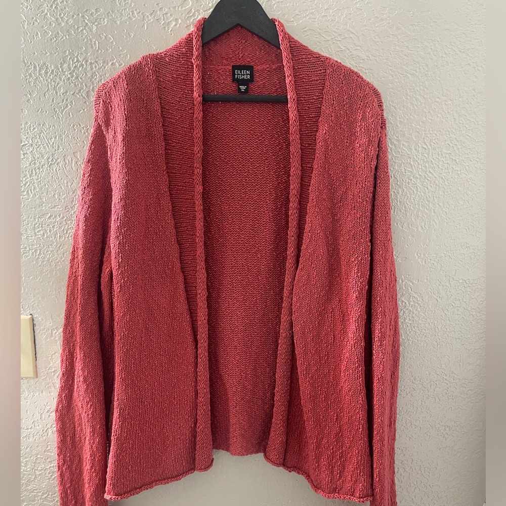 Eileen Fisher Women's Coral Pink Textured Knit Cotton Open Cardigan‎ Size XL